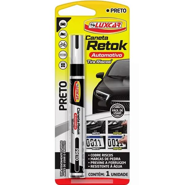 Caneta de retok automotivo tira riscos de cor preta luxcar cod 5091