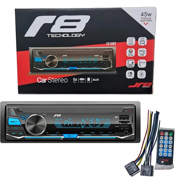 Radio automotivo som para carro bluetooth mp3 dual usb fm micro sd led com controle remoto jr8 cod 100096 jt1010bt