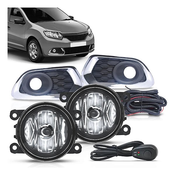 Kit farol de milha sandero renault de 2015 a 2017 com moldura cromada e botão alternativo cod fgs090brn 005261