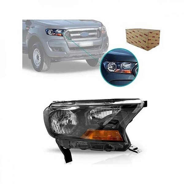 Farol ranger ford de 2016 a 2023 lado direito máscara negra manual cromado sem projetor com pisca âmbar sete pinos