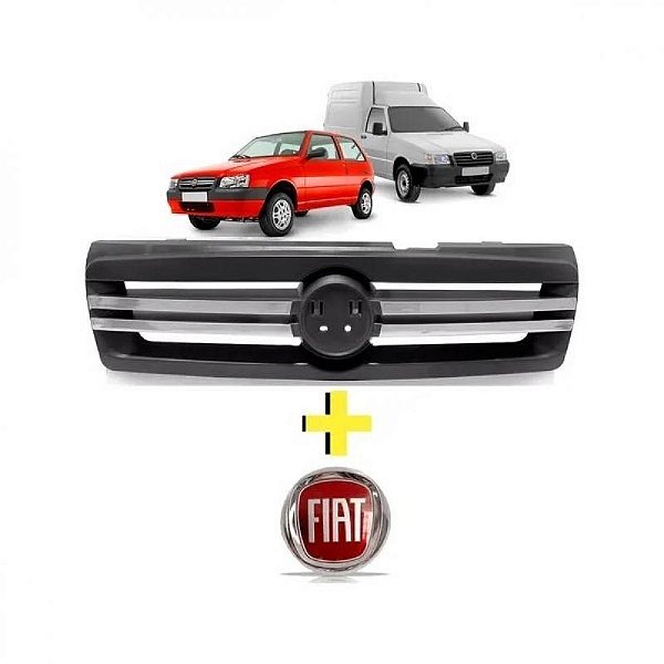 Grade do radiador uno fiat de 2009 a 2013 cinza com friso cromado e emblema com borda vermelha