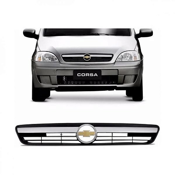 Grade do radiador corsa e montana chevrolet de 2008 a 2012 com carcaça preta e friso cromado com emblema