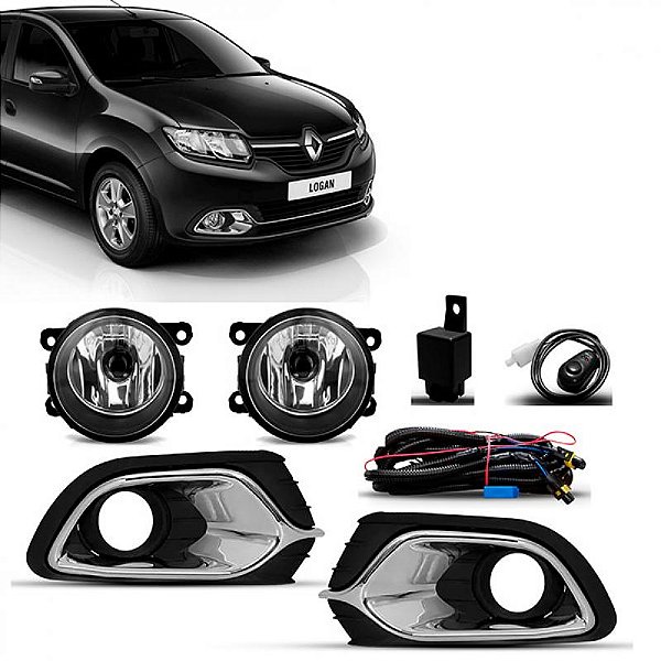 Kit de farol auxiliar logan renault de 2014 a 2019 com grade e moldura inferior do para choque cromada com botão universal