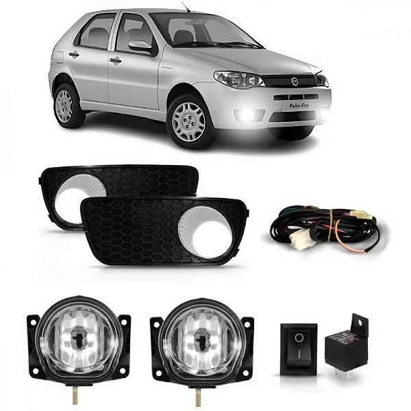 Kit de farol palio fiat de 2004 a 2011 auxiliar tipo zoiao com grade e copo cromado com botão
