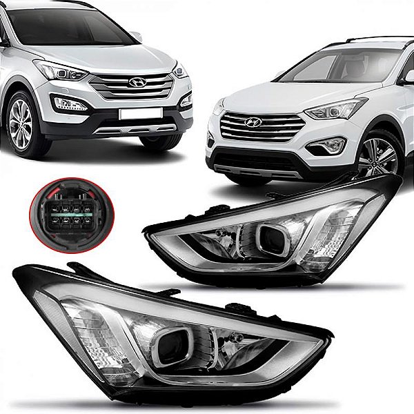 Farol santa fe hyundai de 2014 a 2016 lado direito cromado manual com projetor com LED sem entrada para xenon