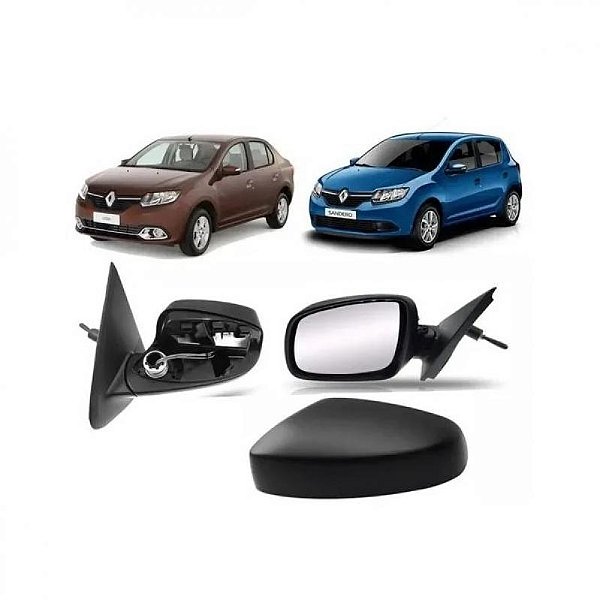 Retrovisor externo sandero e logan renault de 2014 a 2024 lado esquerdo preto liso com controle manual e capa