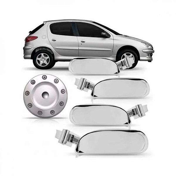 Kit maçaneta e tampa de combustível 206 peugeot de 1998 a 2010 cromado quatro portas