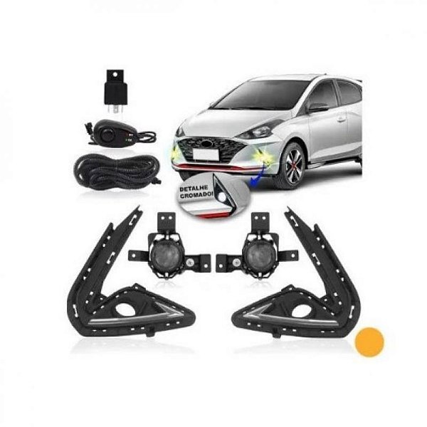 Kit farol auxiliar hb20 hyundai de 2020 a 2022 com moldura inferior do para choque preta e friso cromado