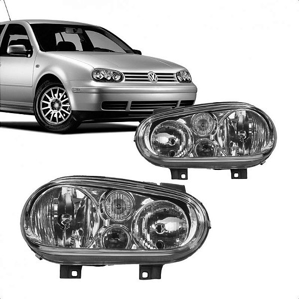 Farol golf volkswagen de 1999 a 2006 lado direito cromado foco duplo sem auxiliar em policarbonato