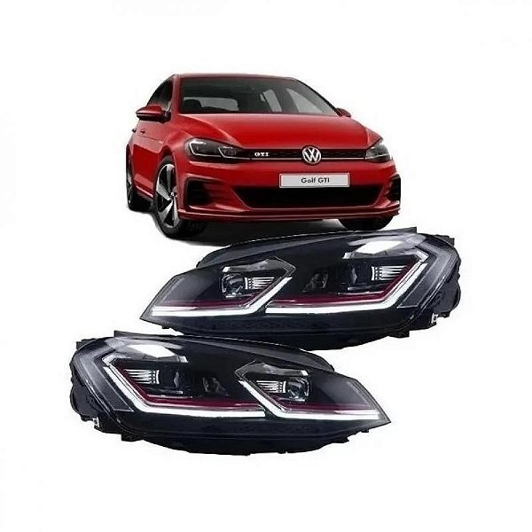 Farol golf mk7.5 volkswagen de 2014 a 2017 com friso de borda vermelha elétrico com projetor oito pinos par