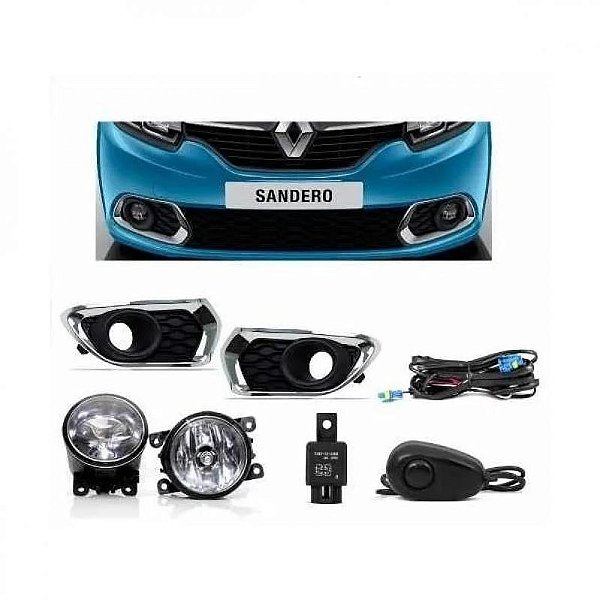 Kit farol auxiliar sandero renault de 2014 a 2019 com grade e moldura inferior para choque cromada