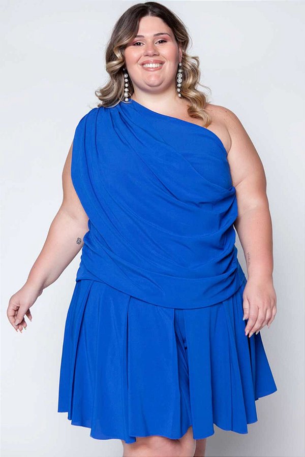 Blusa Plus Size de Um Ombro Só Azul