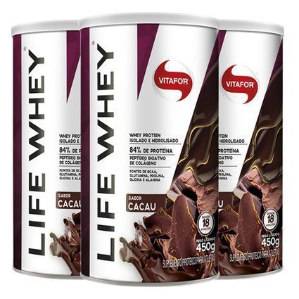 kit 3x life whey 450g cacau - whey protein hidrolisado e isolado - vitafor