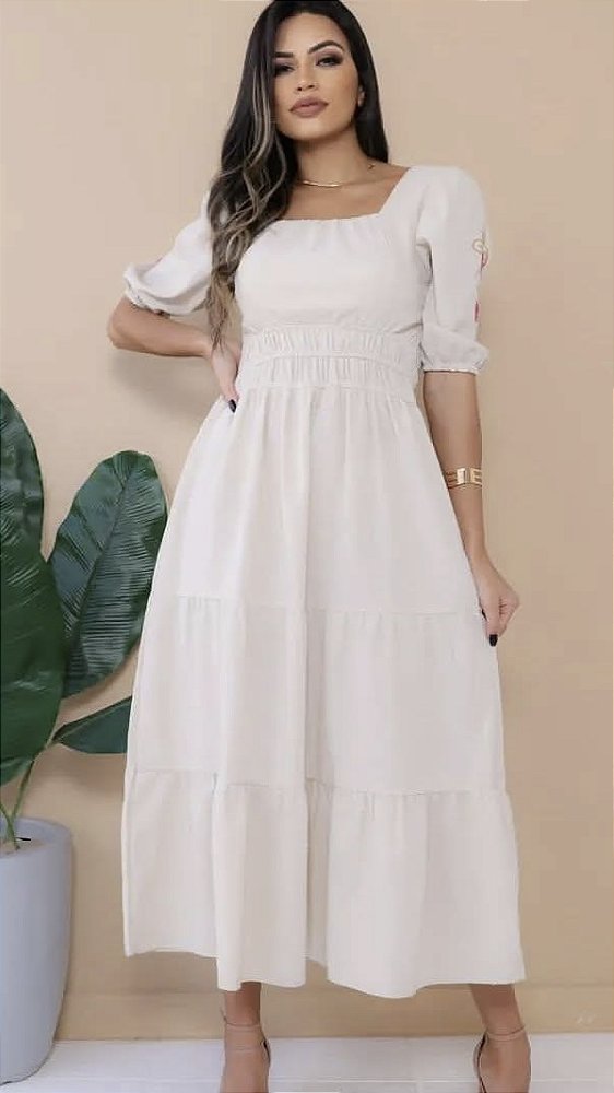 VESTIDO LINHO MANGA BORDADA