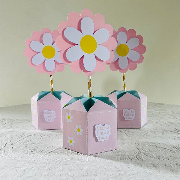 Centro de mesa margaridas rosa e verde