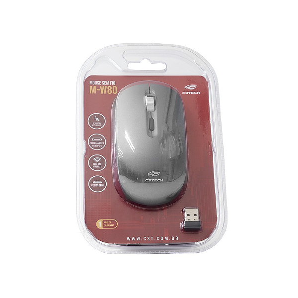 Mouse Sem Fio Recarregável M-W80GY Cinza C3Tech
