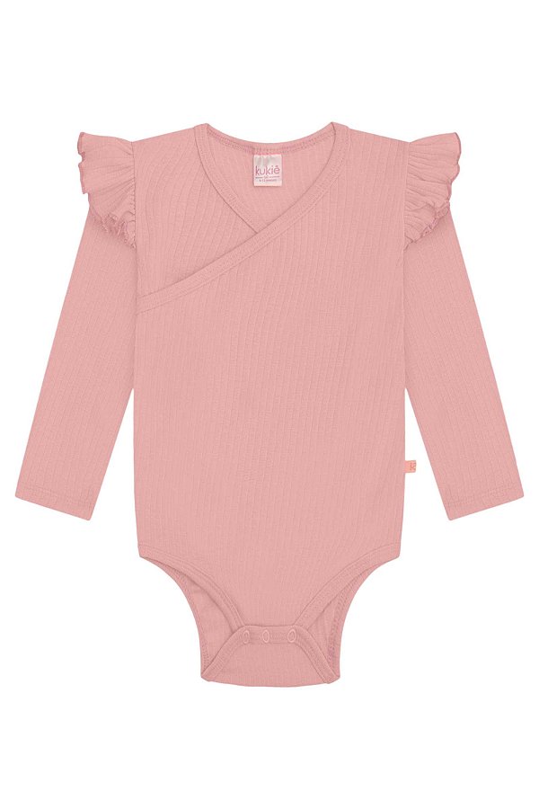 Body Frente Transpassado em Canelado e Babados Rosa Kukiê