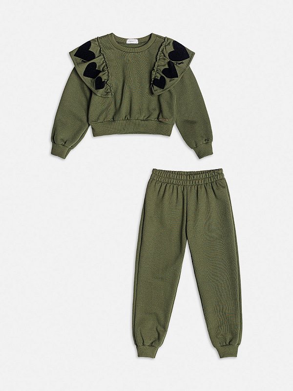 Conjunto Casaco e Calça Moletom Coraçoes Verde Militar Momi H5410