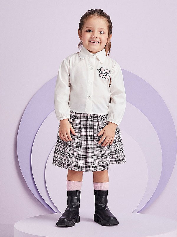 Conjunto Camisa ML e Short Saia Xadrez Momi J5877