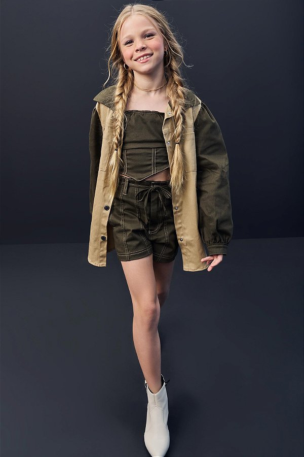 Shorts Mom Verde Escuro Cintura Alta em Sarja Stretch 71193 Vic&Vicky