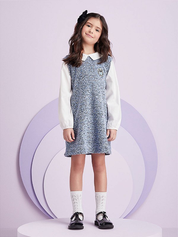 Vestido de Tweed Com Gola Momi Azul Celeste H4967