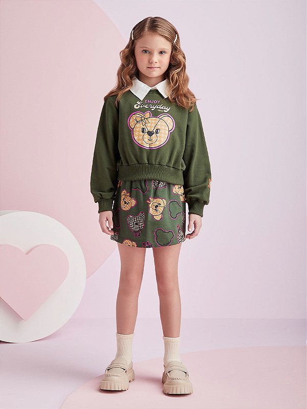 Conjunto Com Estampas de Ursos Verde Militar Momi H5323