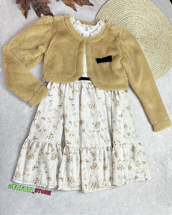 Conjunto Vestido Estampado e Bolero Pelo Quentinho Festa Paraiso 16395