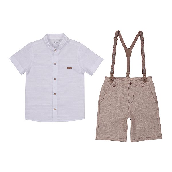 Conjunto Batizado Camisa Manga Curta e Short Bege Com Suspensório Paraíso 16470