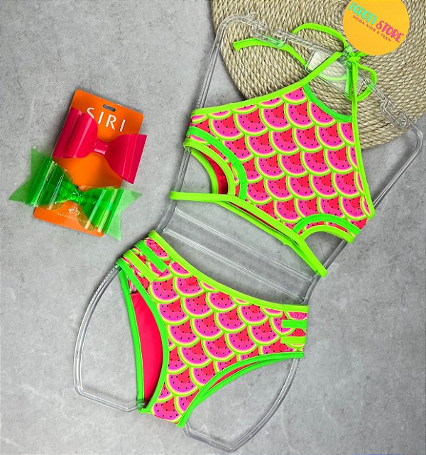 Biquini Cropped Júlia Siri Kids Melancia Neon 90095