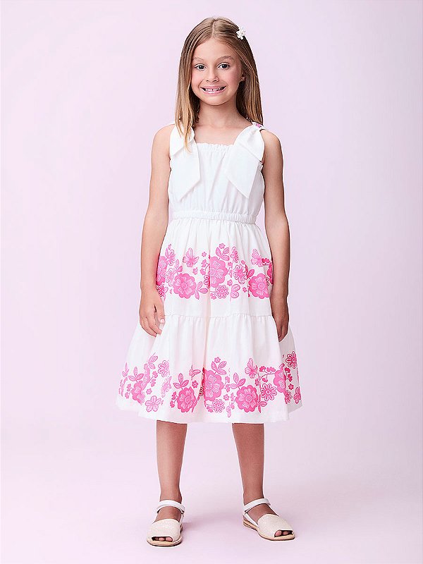 Vestido de Alças Off White Com Laço e Bordados Pink Momi H5601