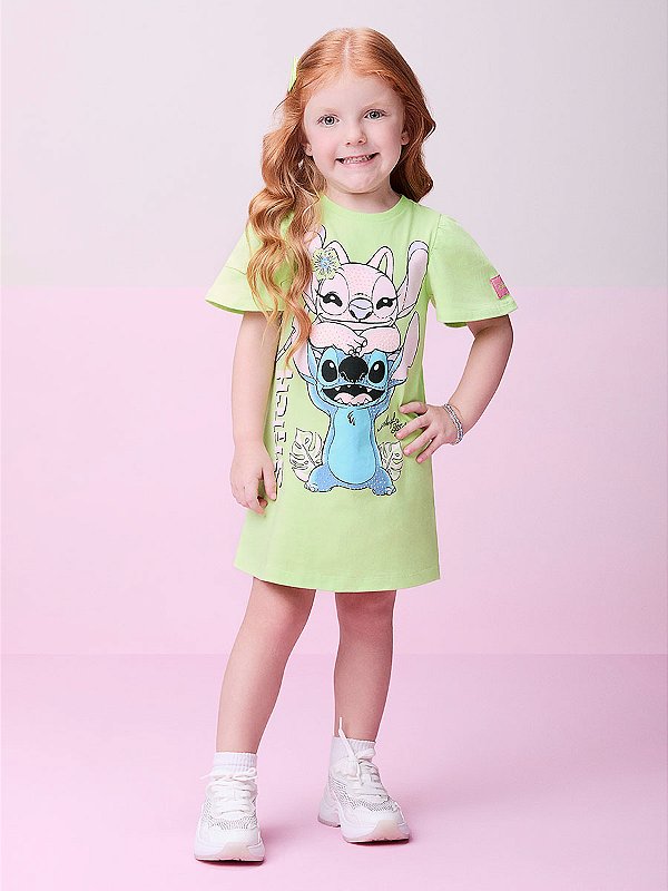 Vestido Stitch e Angel Verde Soft Lime Momi Mini J5882