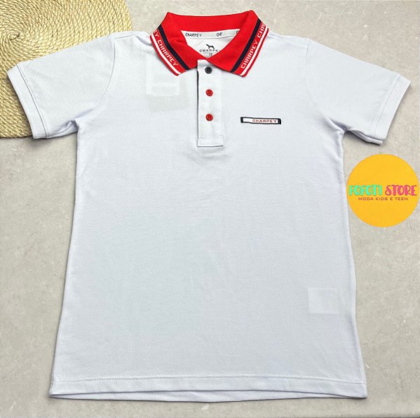Polo Em Piquet Branca com Gola Vermelha e Marinho Charpey 18097