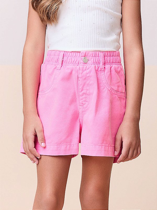 Short Sarja Rosa Neon Forte Com Glitter Momi Kids H5621