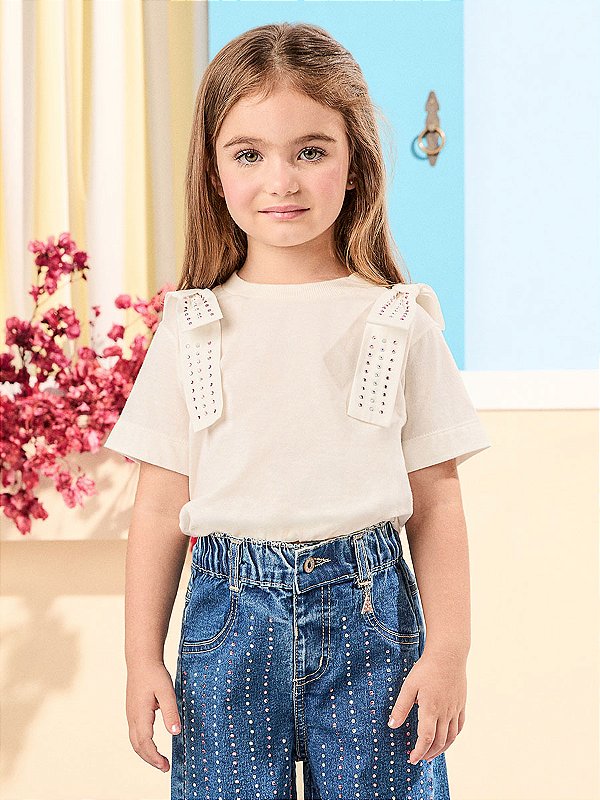 Blusa Balonê com Laço de Strass Off White Animê Petite P5771