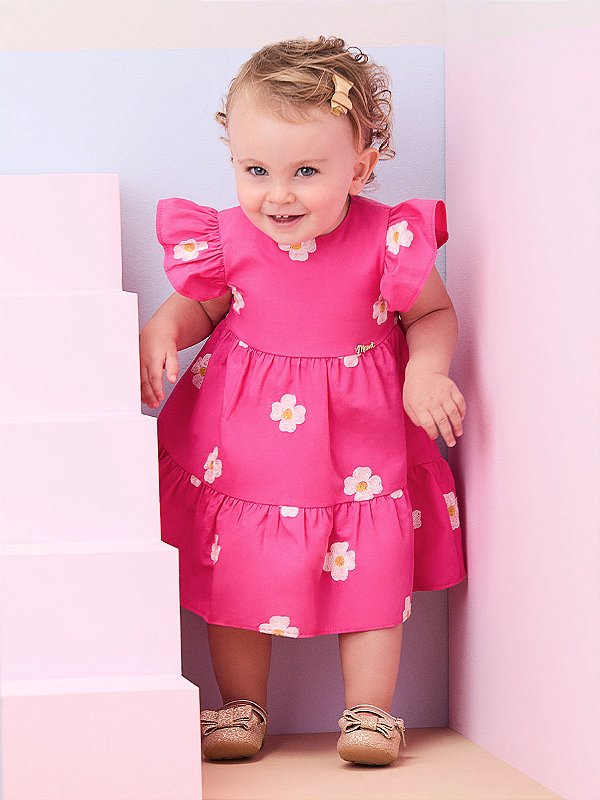 Vestido Com Bordado de Flor Rosa Neon Forte Momi Baby C2192