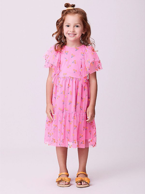 Vestido Com Cerejas de Tule Rosê Momi Mini  J6040
