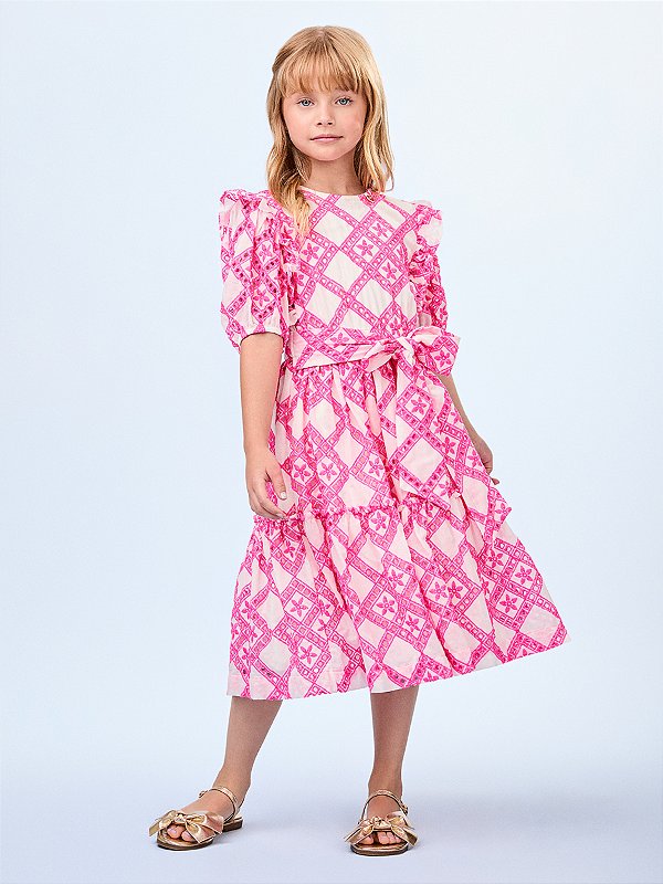 Vestido de Laise Bordada com Laço Neon Forte Animê Kids N4273