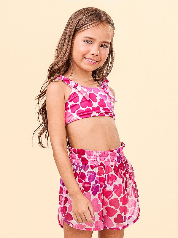 Short Saída de Praia com Estampa de Corações Animê Q0408