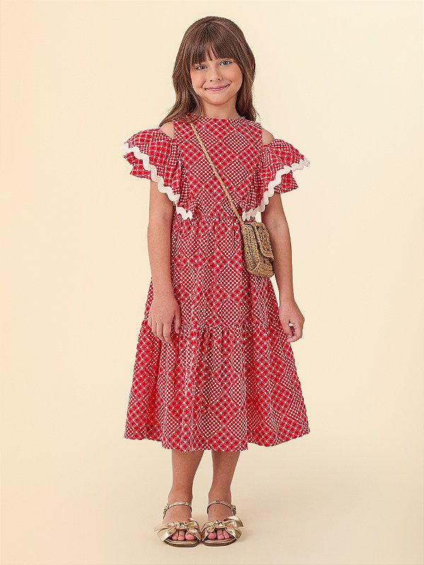 Vestido Tecido Bordado Vermelho Com Babados Animê Kids