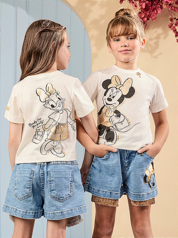 Blusa com Estampa da Minnie Mouse Laço Dourado Animê Kids N4091