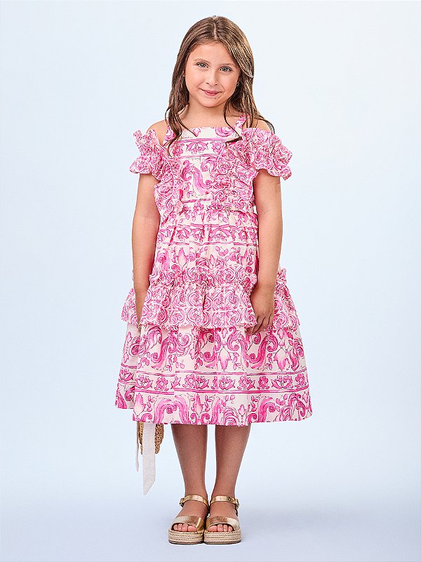 Vestido Rosa Com Estampa de Azulejo Animê Kids N4235
