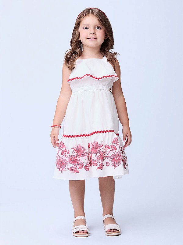 Vestido Branco Com Barrado Flores Momi Mini J5912