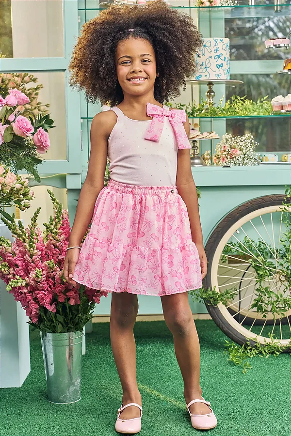 Conjunto Infantil Menina de Blusa Saia em Chiffon Brilho Kukiê 83731