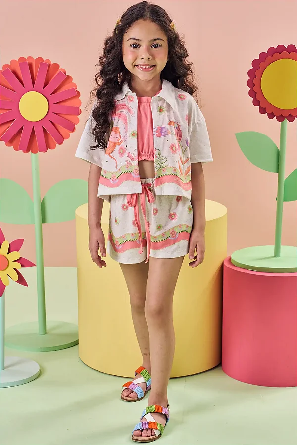 Trio de Top Cropped em Cotton e Camisa e Shorts em Malha Fresh 84753 Kukiê Infantil Menina