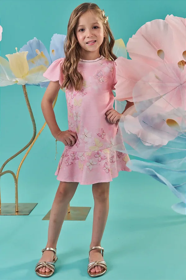 Vestido Infantil Kukie Rosa Borboletas Bordado com Strass Verão Moda Kids 88827