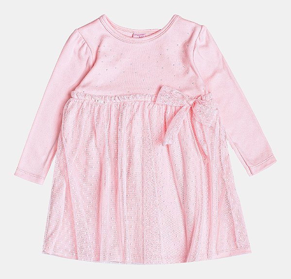 Vestido Manga Longa Rosa Com Tule Momi C2405