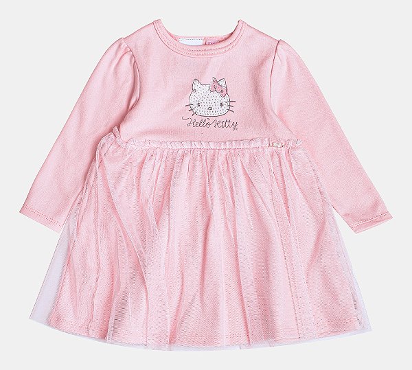 Vestido Manga Longa Rosa Hello Kitty Tule Momi C2636