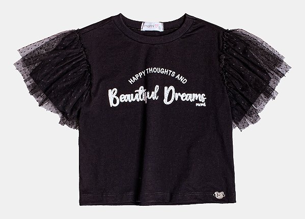 Blusa Com Mangas de Tule Poá Preta Momi H5918