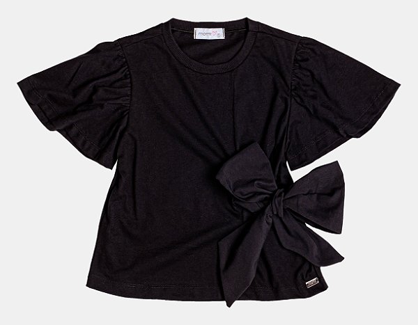 Blusa Manga Curta Com Recorte e Laço Preta Momi H6021