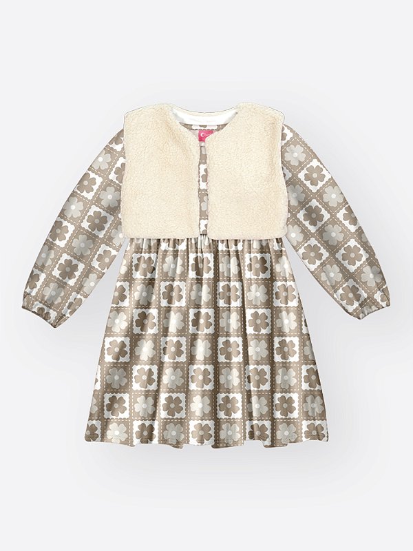 Vestido com Colete Menina Floral Ursa Bege Café Cinti 12861